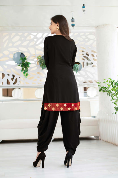 Black Patiala Set With Red Neck Work