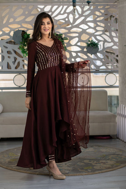 Brown High Low Anarkali Set