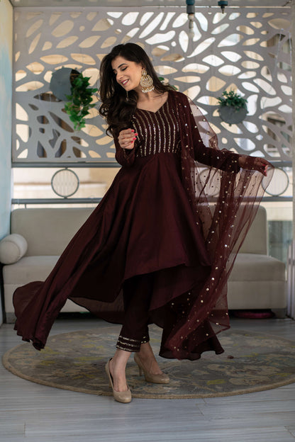 Brown High Low Anarkali Set