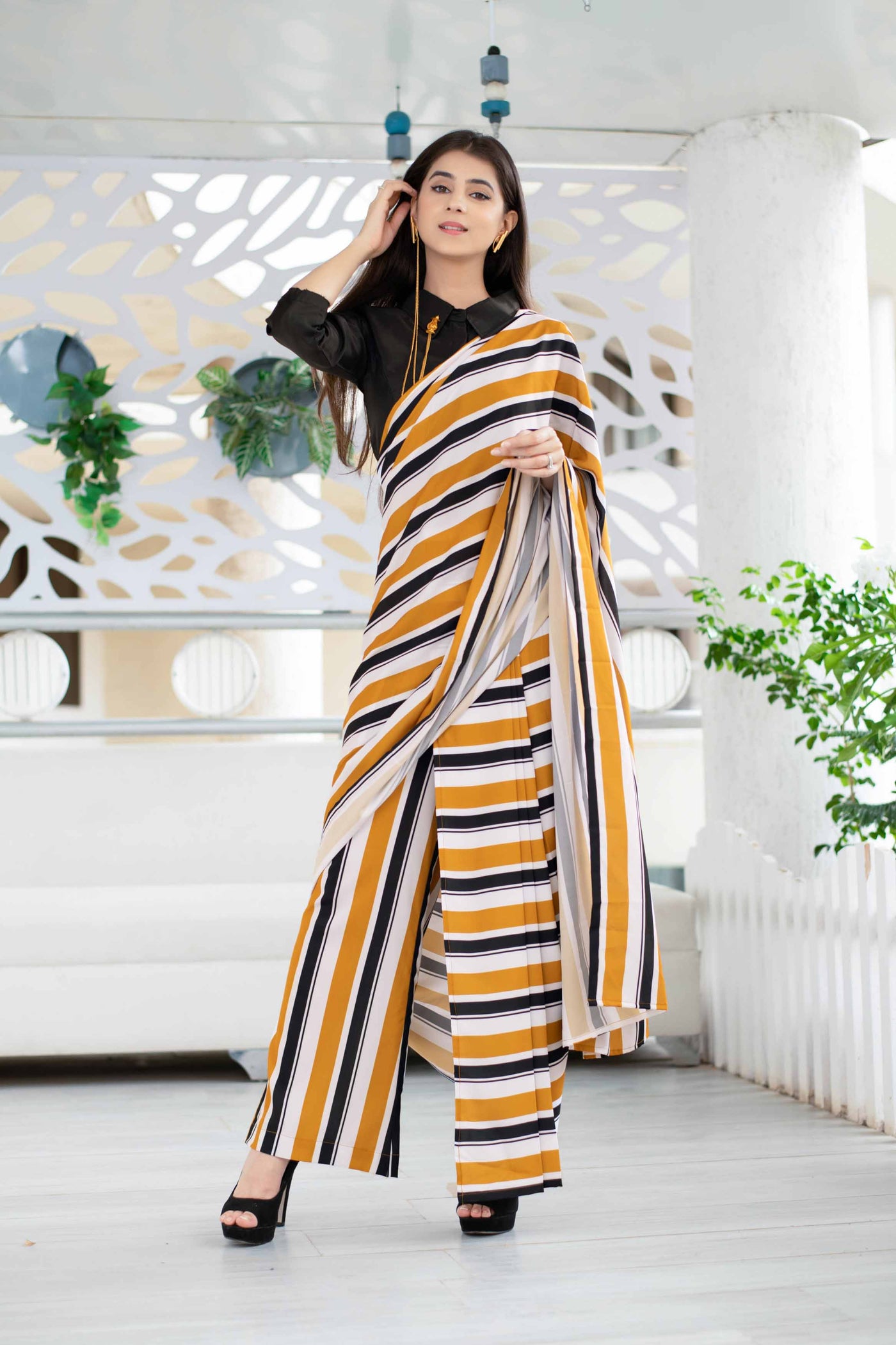 Stripped Pant Styled Saree With Blouse