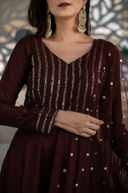 Brown High Low Anarkali Set