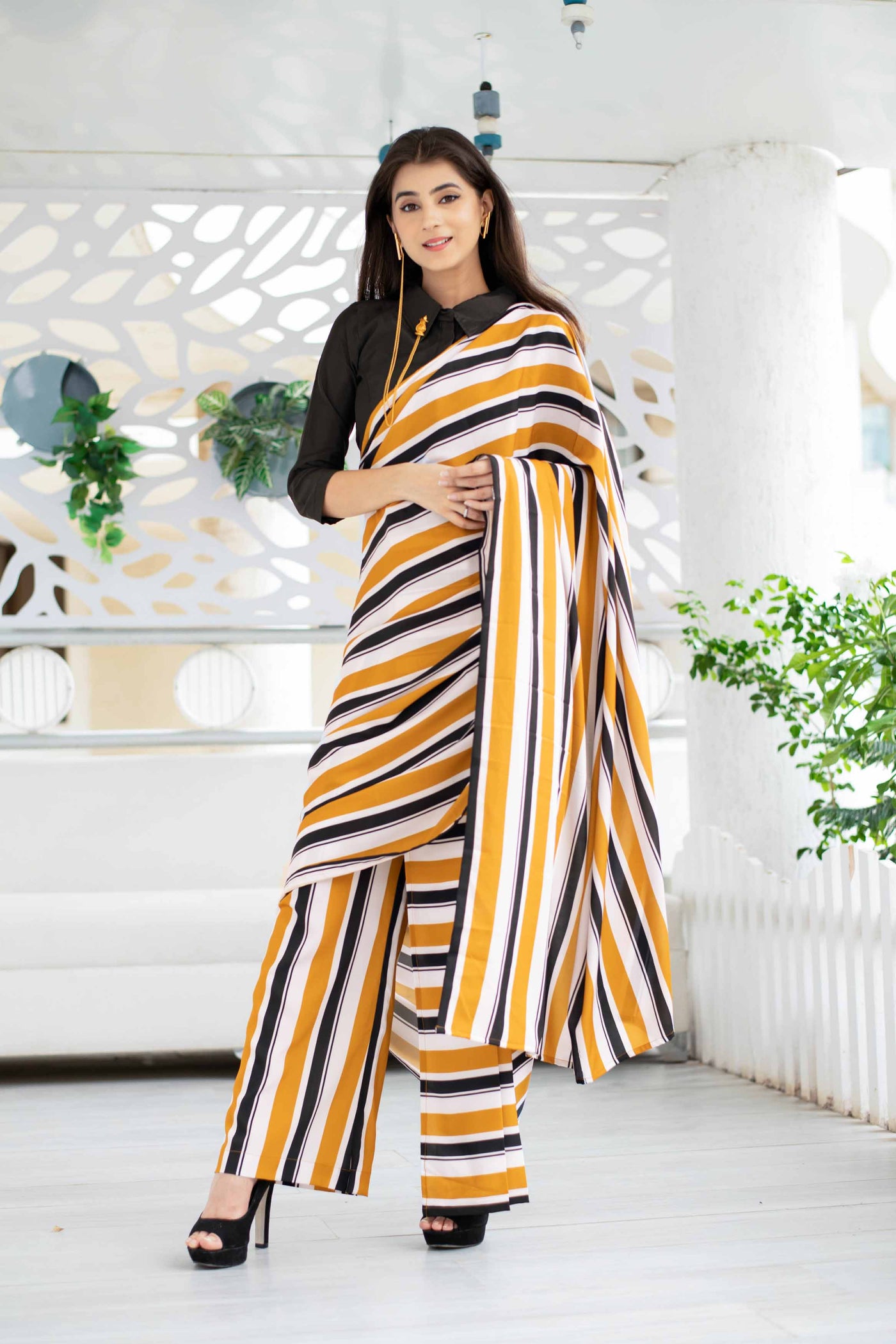 Stripped Pant Styled Saree With Blouse