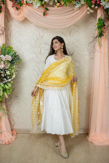 White 3-Tiered Anarkali Kurta With Dupatta