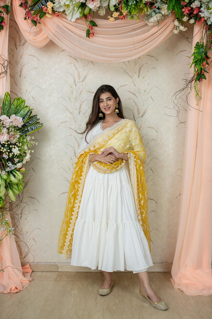White 3-Tiered Anarkali Kurta With Dupatta