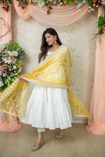 White 3-Tiered Anarkali Kurta With Dupatta