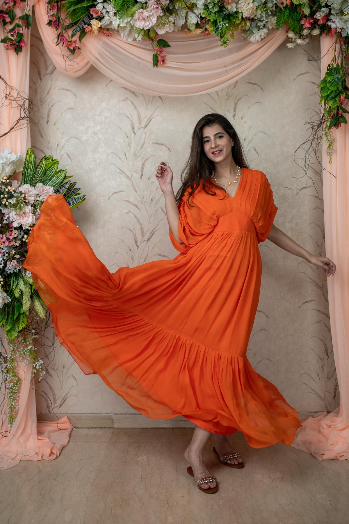 Orange Color Party Wear Georgette Gown With Digital Print in USA, UK,  Malaysia, South Africa, Dubai, Singapore