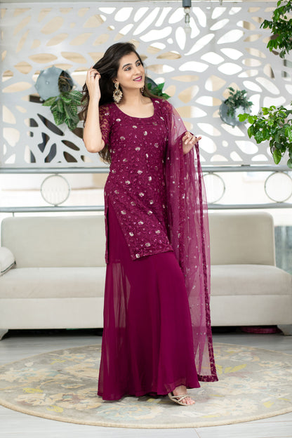 Wine Thread Work Kurta With Palazzo Set