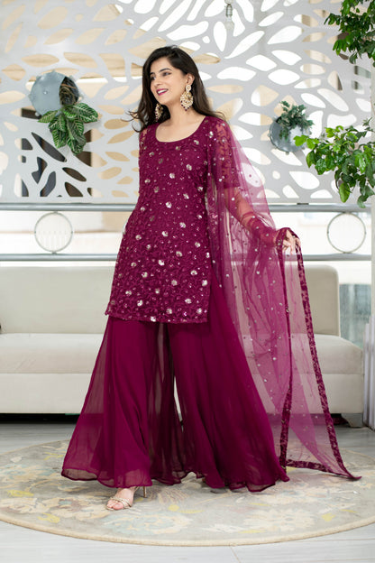 Wine Thread Work Kurta With Palazzo Set