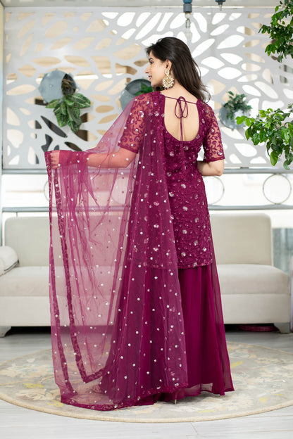 Wine Thread Work Kurta With Palazzo Set