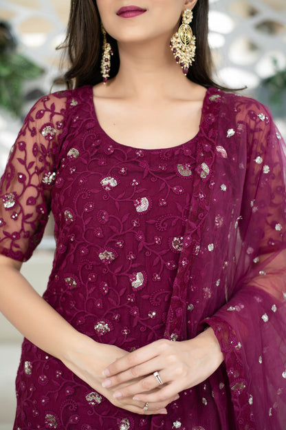 Wine Thread Work Kurta With Palazzo Set