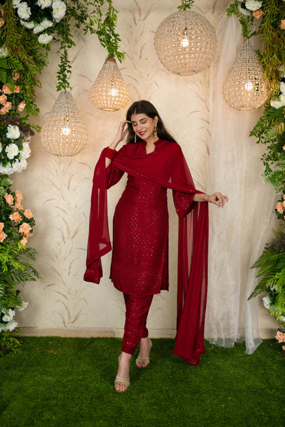 Dark Red Thread Work Kurta