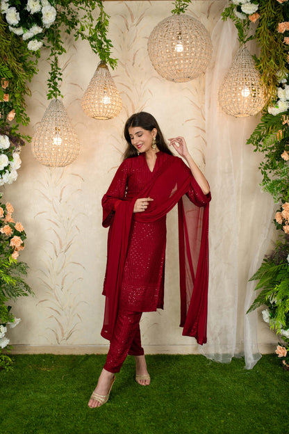 Dark Red Thread Work Kurta