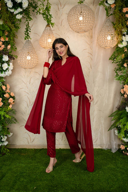 Dark Red Thread Work Kurta