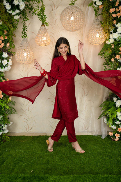 Dark Red Thread Work Kurta