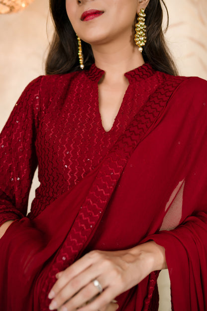 Dark Red Thread Work Kurta