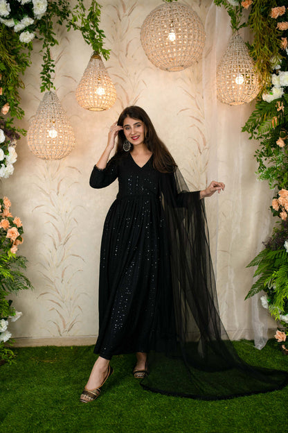 Black Thread Work Anarkali Set