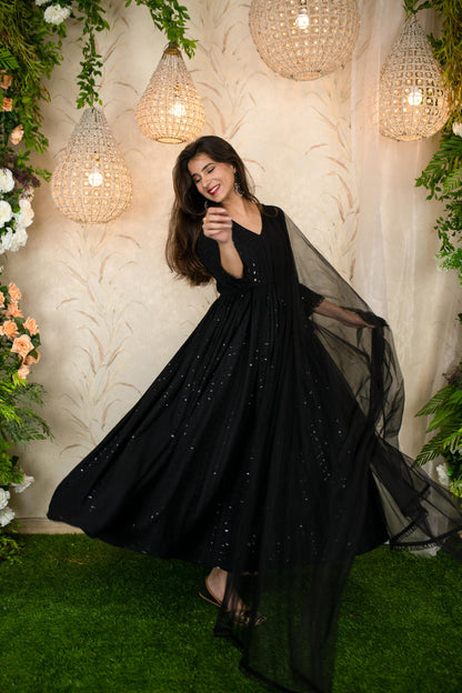 Black Thread Work Anarkali Set