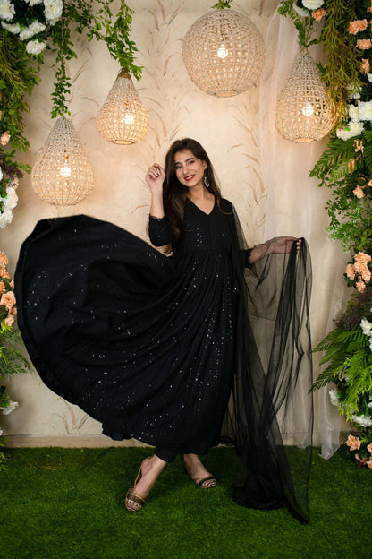 Black Thread Work Anarkali Set