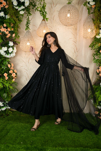 Black Thread Work Anarkali Set