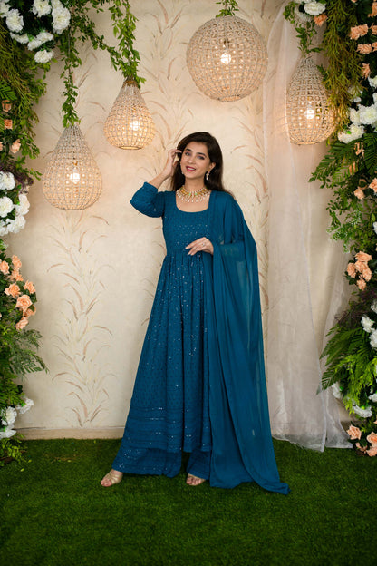 Teal Blue Anarkali With Palazzo