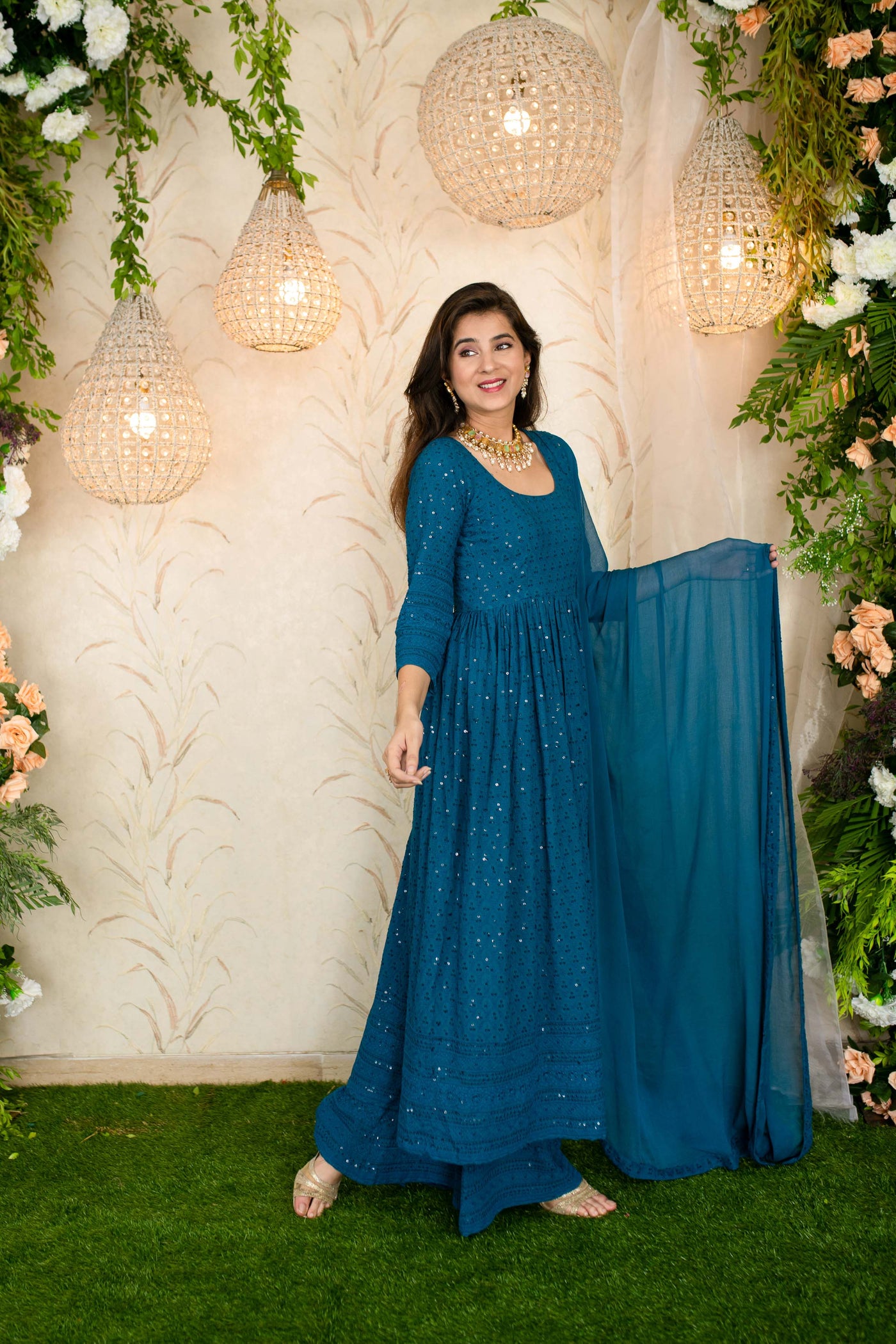 Teal Blue Anarkali With Palazzo