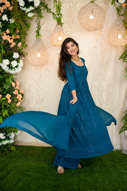 Teal Blue Anarkali With Palazzo