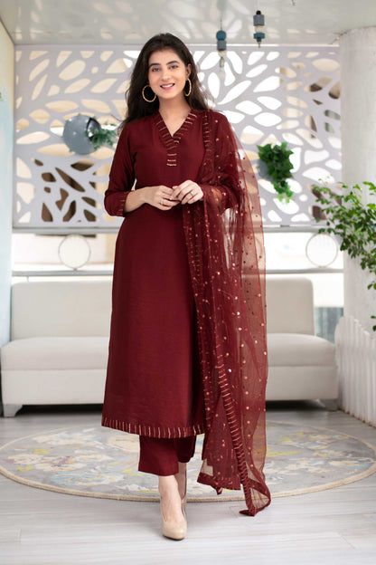 Embellished Maroon Kurta Set