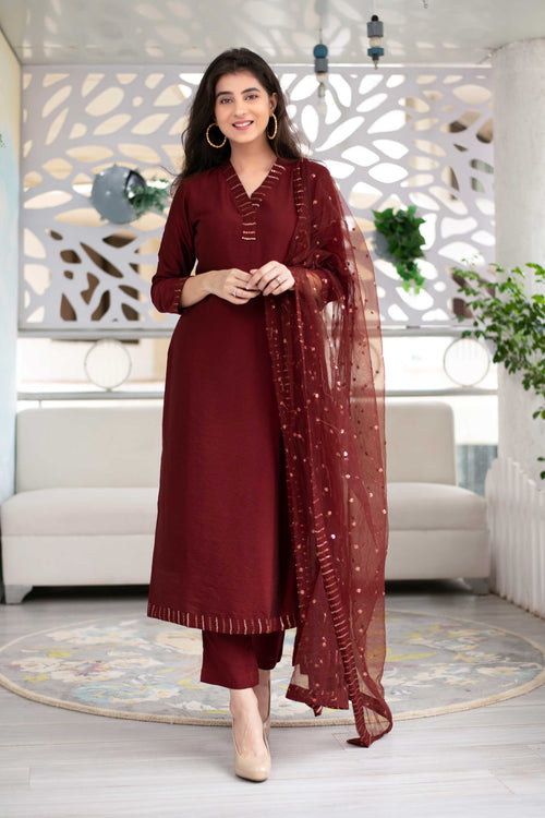 Embellished Maroon Kurta Set