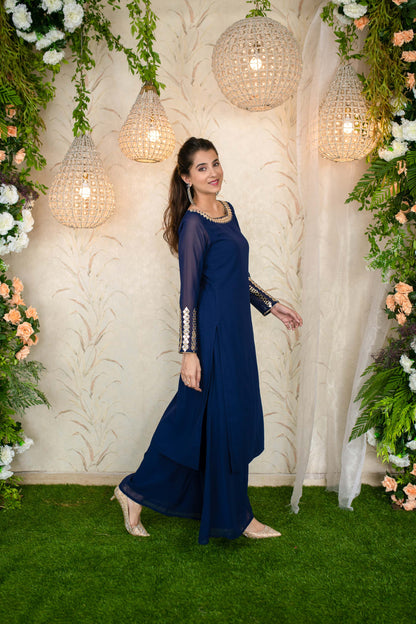 Ink Blue Hand Mirror Work Kurta