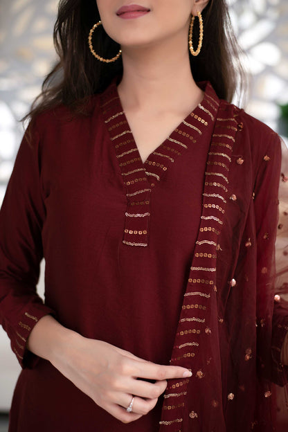 Embellished Maroon Kurta Set