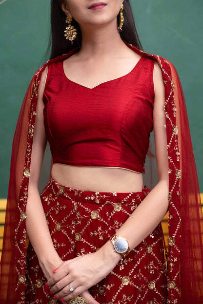 Deep Red Sequin And Zari Work Lehenga Set