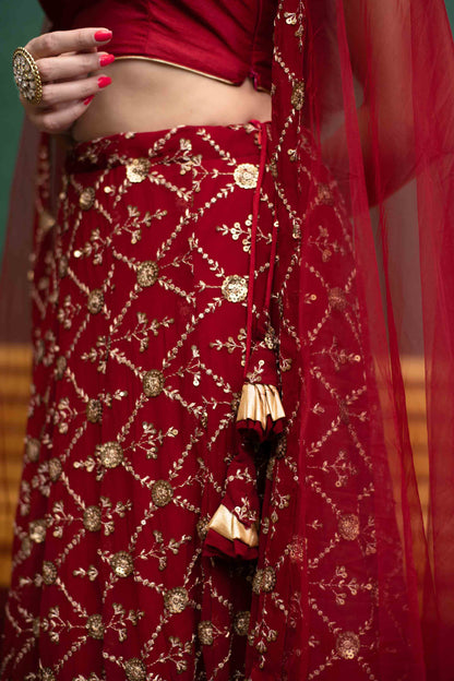 Deep Red Sequin And Zari Work Lehenga Set