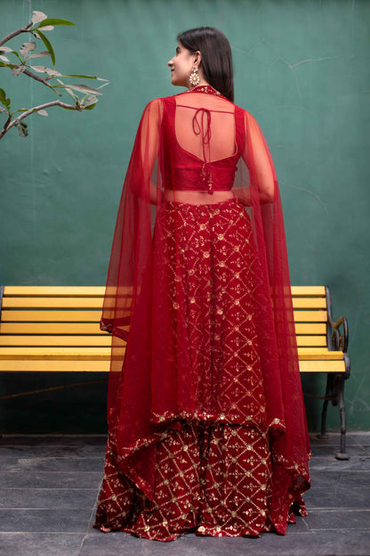 Deep Red Sequin And Zari Work Lehenga Set