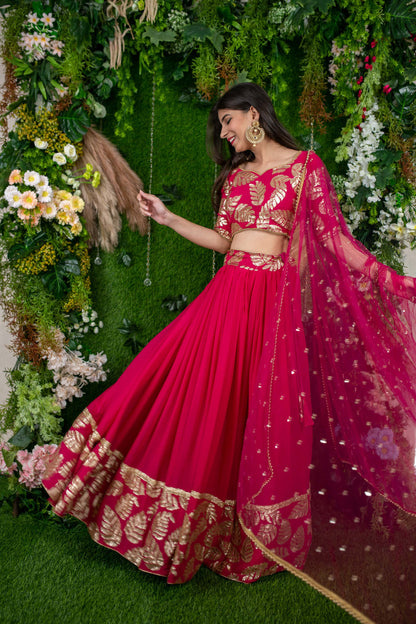 Rani Pink Leaf Daman Lehenga