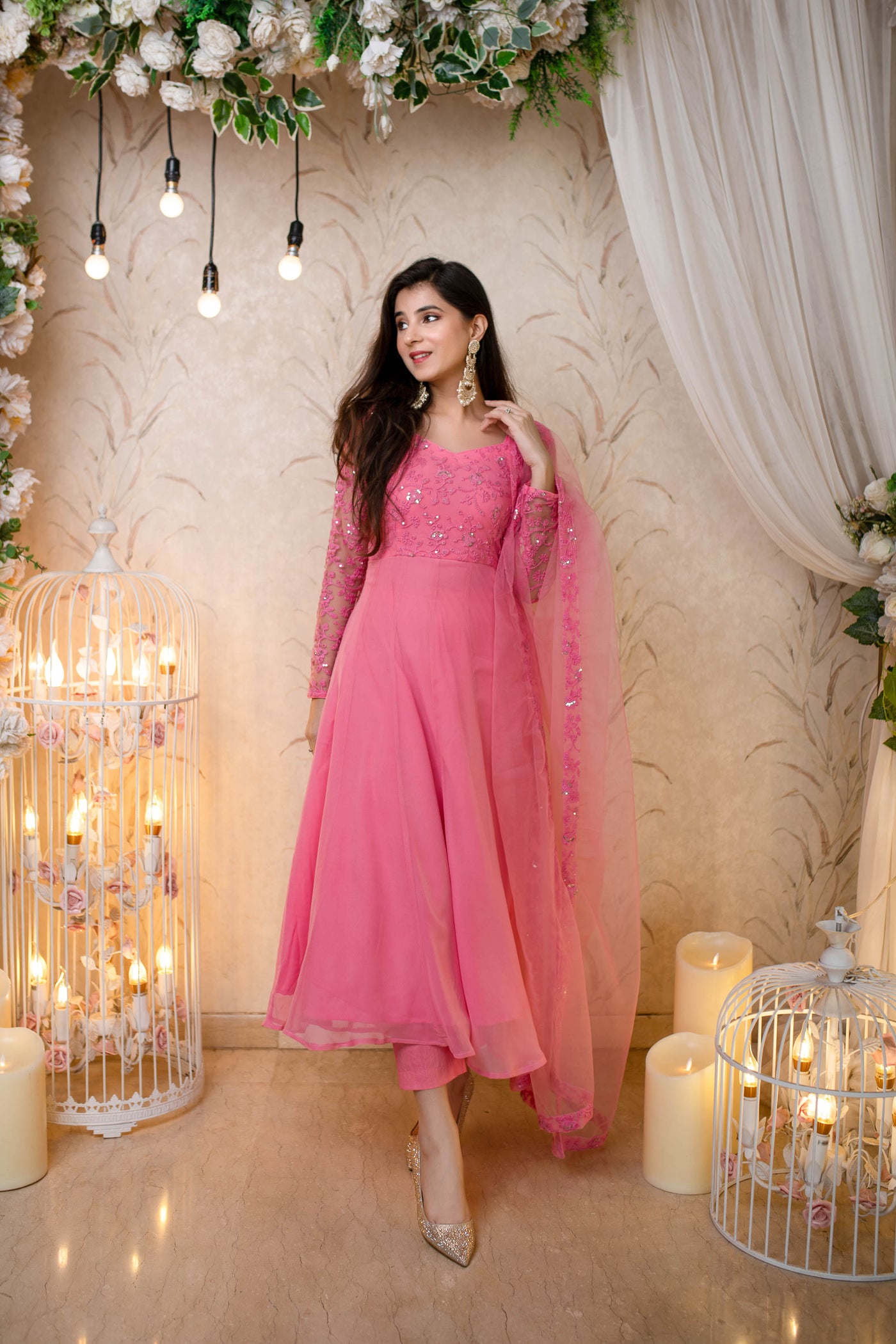 Pink Georgette Leheriya Gota Asymmetric Pleated Anarkali Dress – SCAKHI