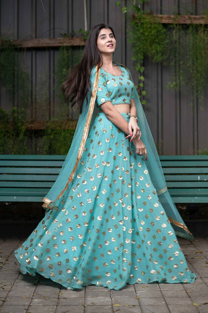 Ice Blue Sequin And Zari Work Lehenga Set