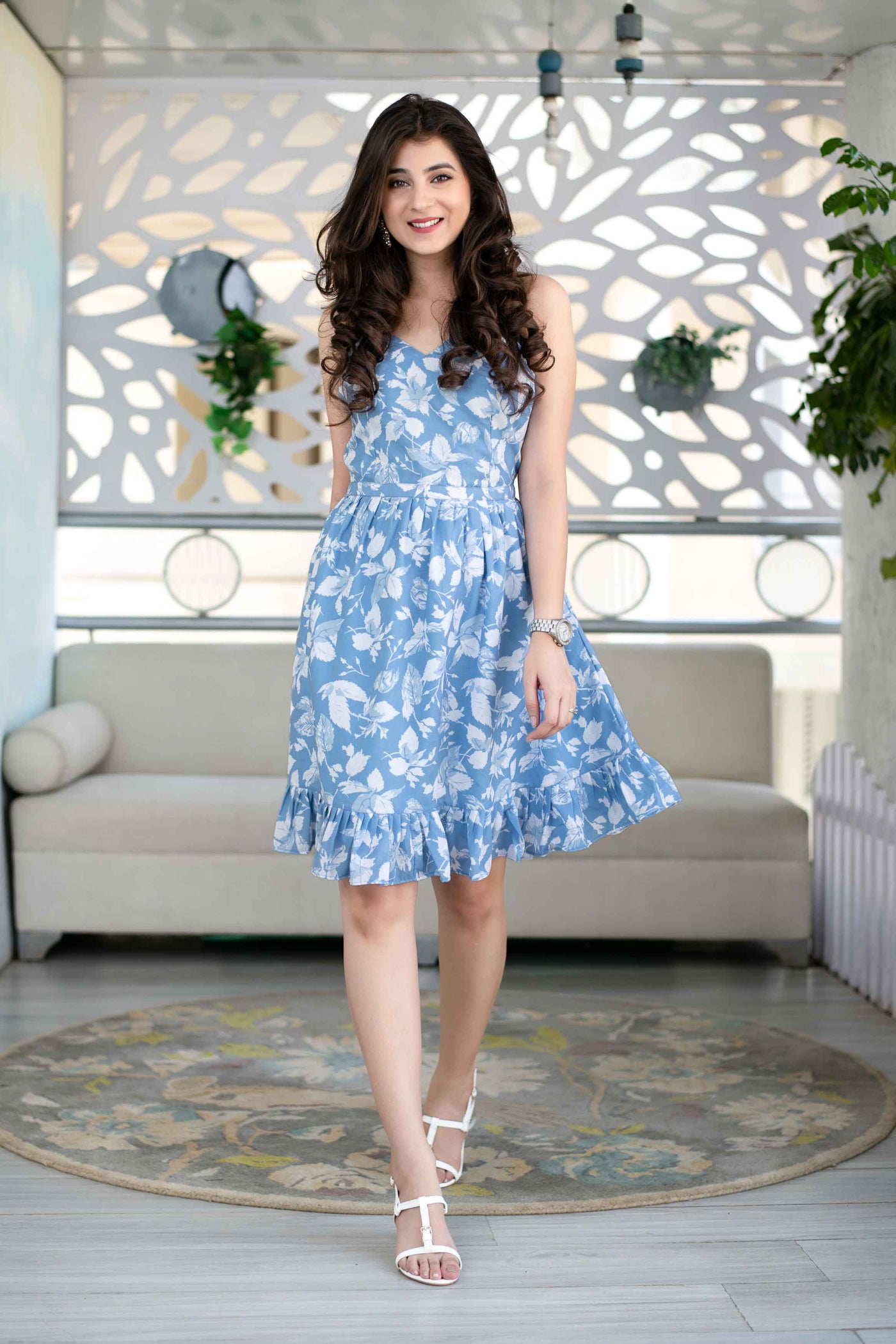 Blue Ruffle Dress With Lace Work