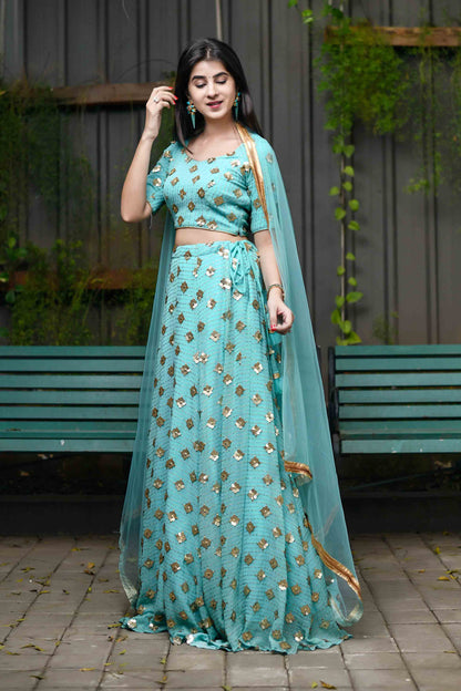 Ice Blue Sequin And Zari Work Lehenga Set