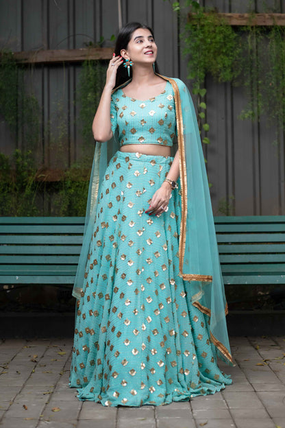Ice Blue Sequin And Zari Work Lehenga Set