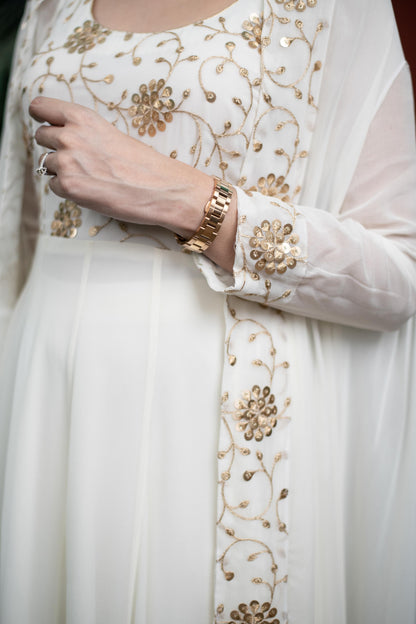 Off White Jacket Gown With Sequin And Zari Work ( Set Of 2)