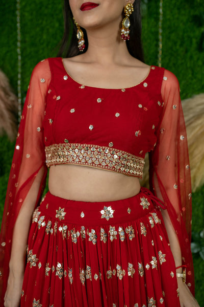 Red And Gold Lehenga Cape Sleeves