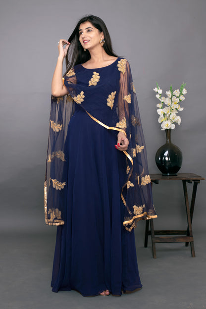 Blue Gown With Attached Dupatta