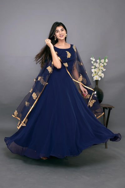 Blue Gown With Attached Dupatta