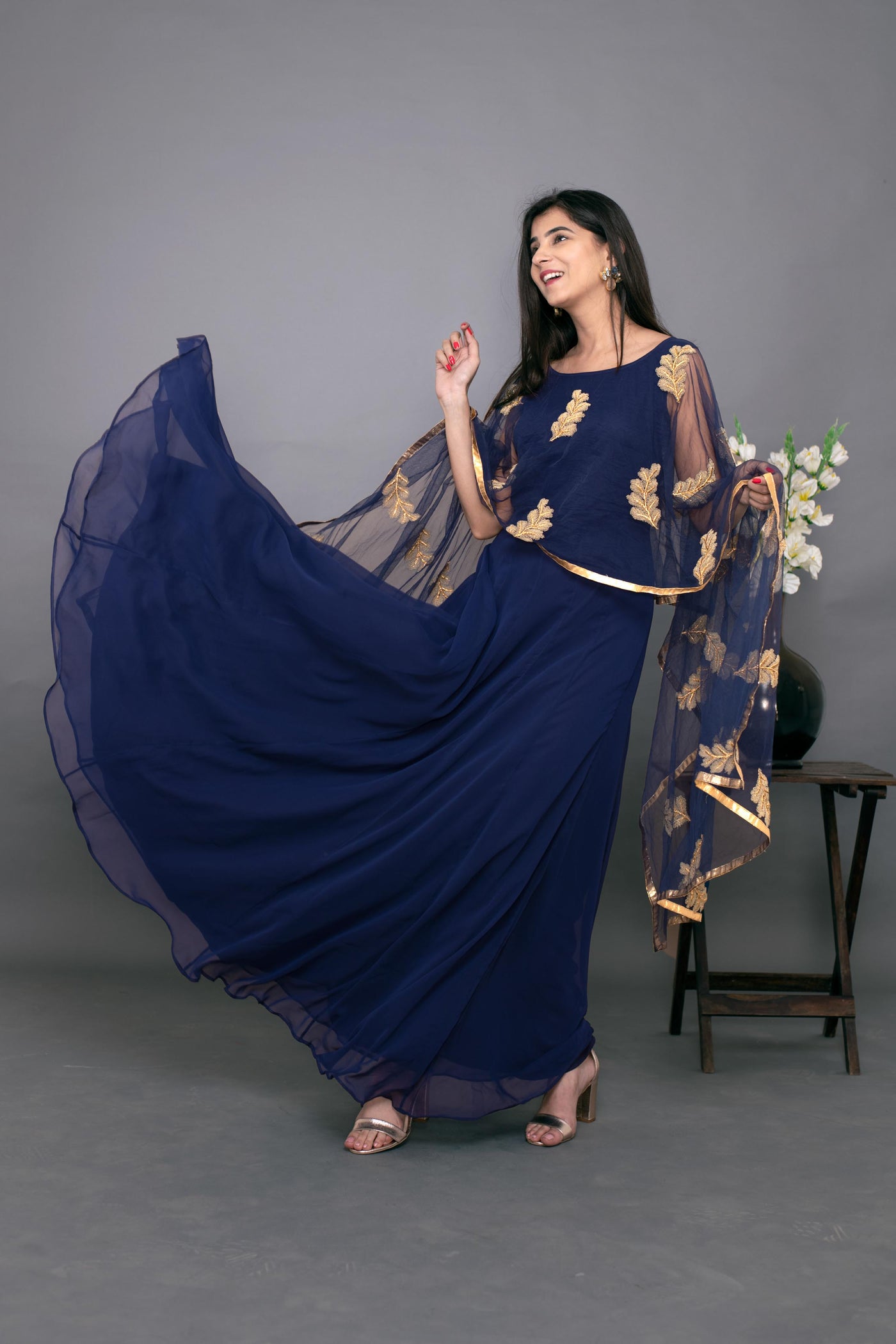 Buy Women Navy Blue Abstract Print Embroidered Anarkali Gown With Dupatta -  Feed Luxe Anarkali - Indya