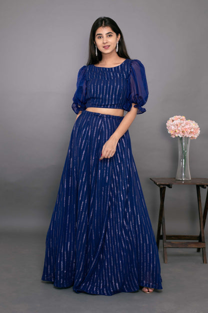 Ink Blue Ruffle Crop Top With Skirt