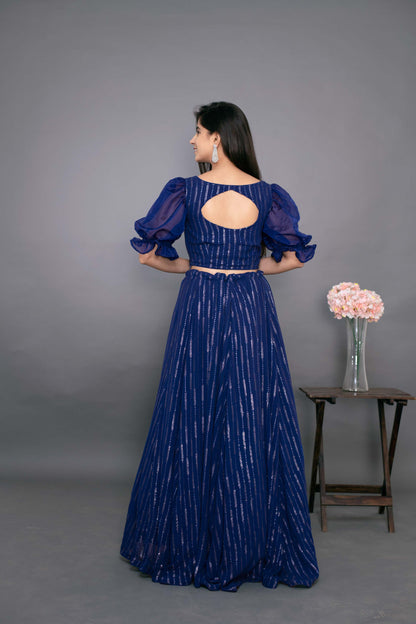 Ink Blue Ruffle Crop Top With Skirt