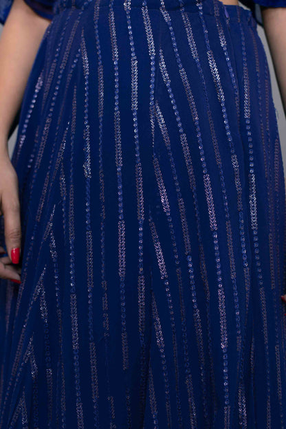 Ink Blue Ruffle Crop Top With Skirt