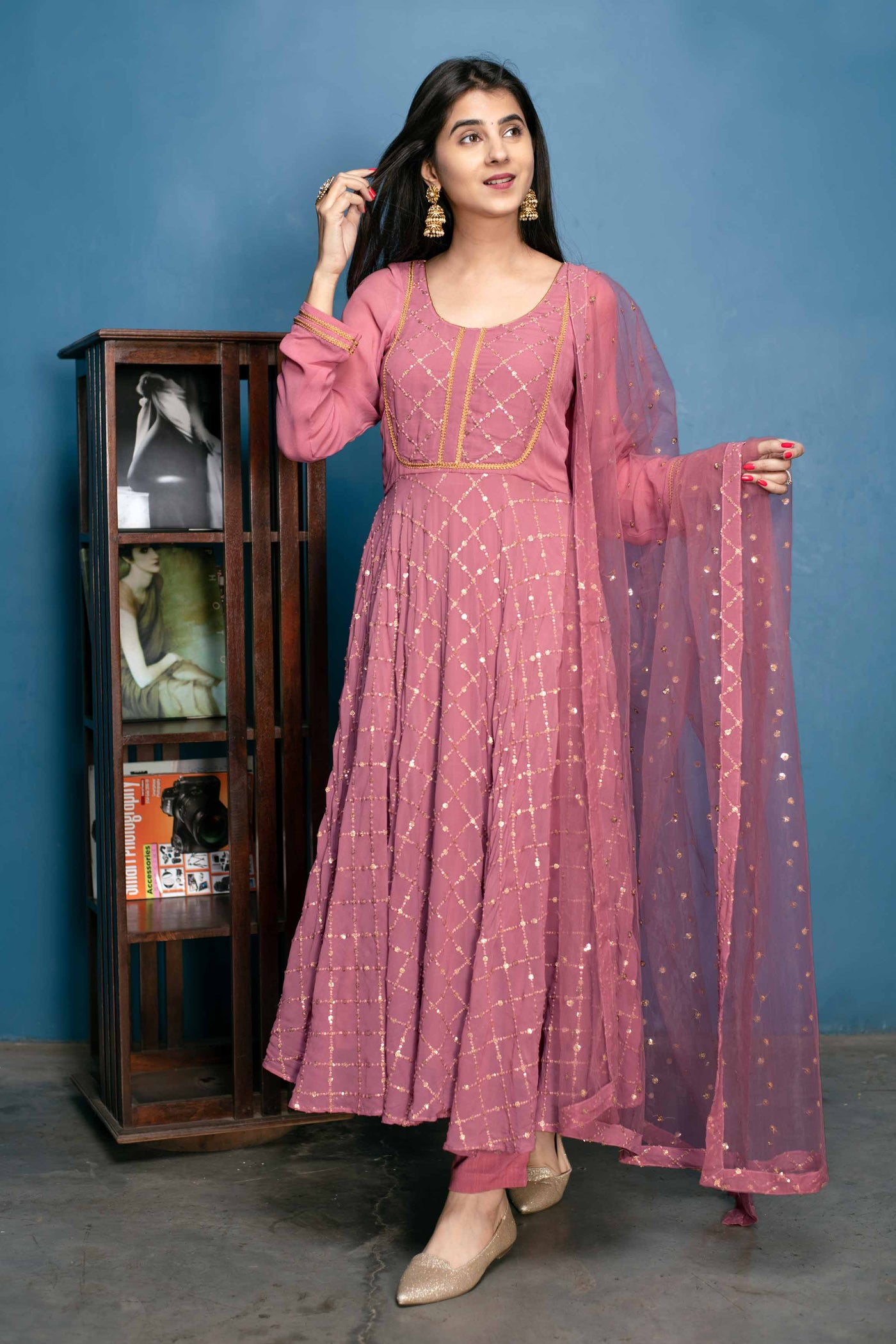 Dusty Pink Thread And Sequin Work Anarkali Set