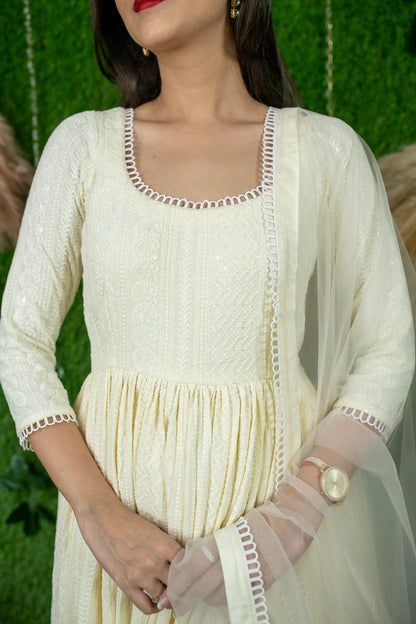 Dolly White Thread Work Anarkali