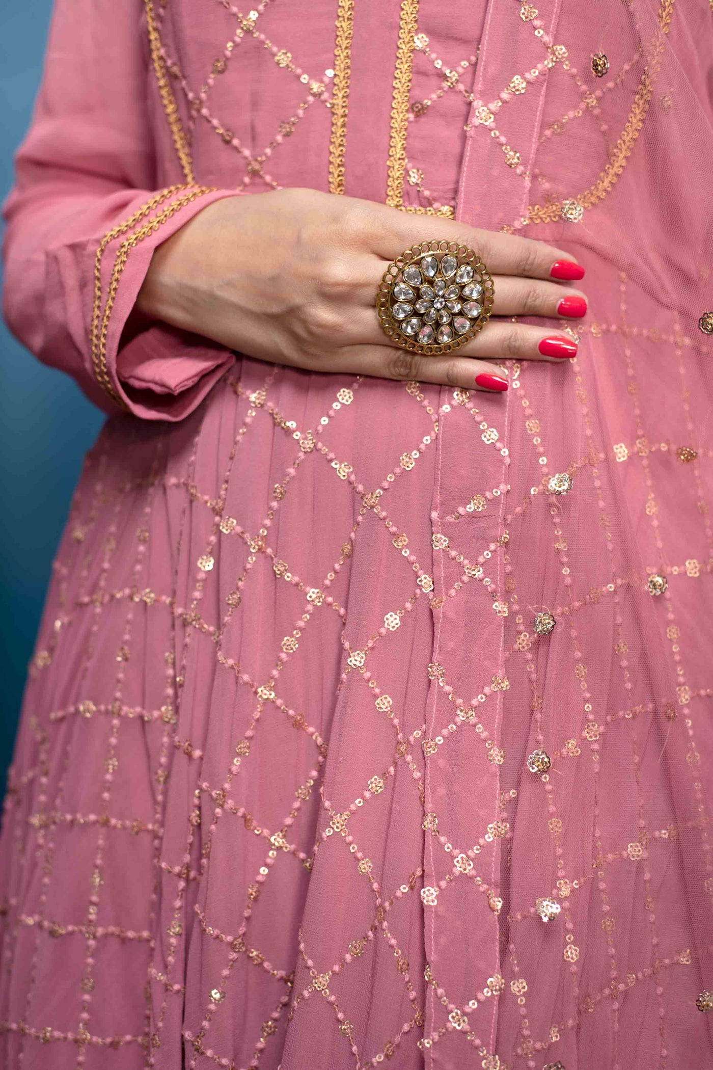 Dusty Pink Thread And Sequin Work Anarkali Set